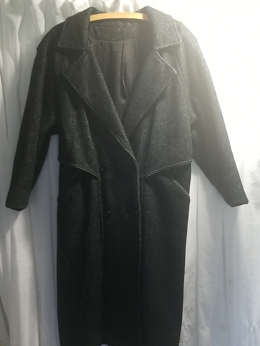Vintage Black Speckled Long Coat - Classic Single-Breasted Overcoat